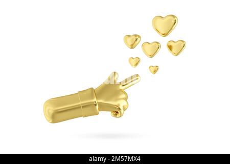Goldenes Zeigefinger-Symbol mit isoliertem Herzsymbol auf weißem Hintergrund. Goldene Hand drückt einen Herzknopf mit Zeigefinger, 3D-Rendering Stockfoto