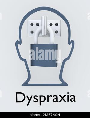 3D Abbildung einer Kopfsilhouette mit einem symbolischen Kettenschloss über dem Gehirn mit dem Text Dyspraxia auf grauem Hintergrund. Stockfoto
