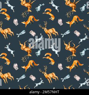 Wilde Tiere, Hasen, Füchse, Eulen, Hirsche, nahtloses, auf Grau isoliertes Aquarell. Winterliches Waldmotiv, handgezeichnet. Design für Textil, Winter Stockfoto