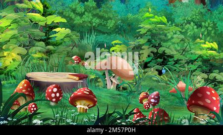 Märchen Amanita Pilze in einer Waldlichtung in einem Sommertag. Digitale Malerei, Grafik im Comic-Stil Charakter. Stockfoto