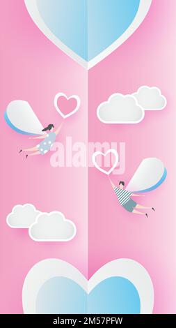 valentinstag wundervoll Joyful auf pinkfarbenem Papier Hintergrundkonzept. Mit Text Love 14. februar, Junge und Mädchen fliegen mit Herzballon, Himmel, Vektor. Design für Stock Vektor