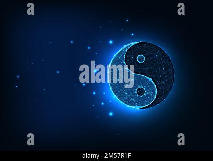 Futuristisches, leuchtendes, polygonales Yin Yang-Symbol auf dunkelblauem Hintergrund. Harmonie, Ausgewogenheit, asiatisches Kulturkonzept. Ein moderner Draht Stock Vektor