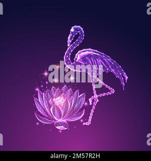 Futuristisch leuchtende, niedrig polygonale wunderschöne stehende Flamingo- und Lotusblume isoliert auf dunkelblauem bis violettem Hintergrund. Modernes Drahtgitter-Design Stock Vektor