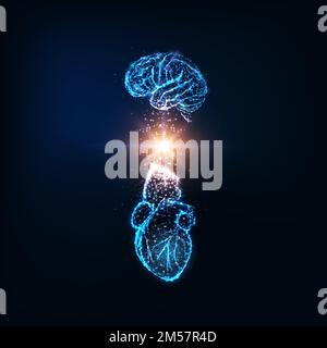 Futuristisches Konzept emotionaler Intelligenz mit leuchtendem, polygonalem menschlichen Gehirn und Herz und Lichtenergie dazwischen isoliert auf dunkelblauem Backgro Stock Vektor
