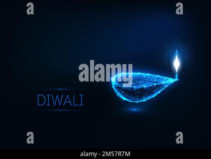 Happy Diwali Grußkartenvorlage mit leuchtenden, polygonalen Lichtern, Lampen, Sternen und Text. Futuristische Vektordarstellung der Drahtmodellkonstruktion. Stock Vektor