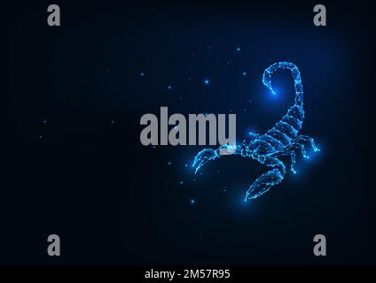 Futuristisch leuchtender, polygonaler Skorpion auf dunkelblauem Hintergrund. Zodiakzeichen Scorpio. Moderne Vektordarstellung der Drahtmodellkonstruktion. Stock Vektor