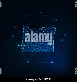 Oregon USA: Leuchtende Silhouette mit Sternenlinien, Punkten, Dreiecken und niedrigen polygonalen Formen. Kommunikation, Internet-Technologie-Konzept. Draht Stock Vektor