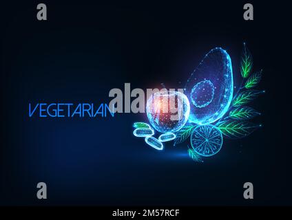 Futuristisches vegetarisches oder veganes Ernährungskonzept mit leuchtender, polygonaler Avocado, Apfel, Zitrone, Bohnen und Grün auf dunkelblauem Hintergrund. Modernes Wirefra Stock Vektor