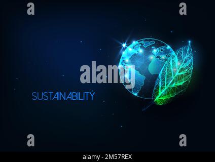 Futuristisches Umweltschutzkonzept, leuchtende Karte mit niedriger Polykugel und grünen Blättern isoliert auf dunkelblauem Hintergrund. Weltumweltkonservatio Stock Vektor