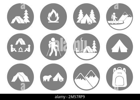 Tourismus-Ikonen. Trekking, Wandern, Bergsteigen, Rucksack, Camping Symbole. Vektor. Stock Vektor