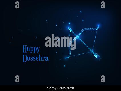 Futuristisches „Happy Dussehra“-Banner mit leuchtendem, niedrig polygonalem Hintergrund auf Arroe und Schleife auf dunkelblauem Hintergrund. Moderne Vektordarstellung der Drahtmodellkonstruktion. Stock Vektor