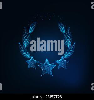Futuristisch leuchtende, polygonale drei Sterne und Lorbeerkranz isoliert auf dunkelblauem Hintergrund. Beste Qualität, Preislogo, Konzept des Gewinners. Mod Stock Vektor