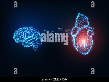 Futuristisch leuchtende, schwach polygonale verbundene menschliche Organe Gehirn und Herz auf dunkelblauem Hintergrund. Emotionen und intellektuelles Gleichgewicht und Harmoniekonzept. M Stock Vektor