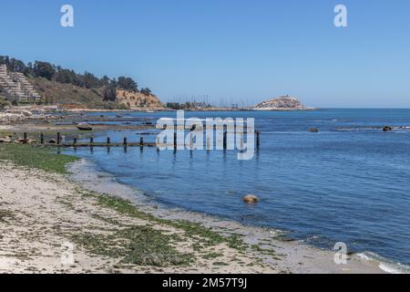 Valparaiso, Chile - 6. Dezember 2022: Sandiger Algarrobo-Strandneart Valparaiso am Pazifik Stockfoto