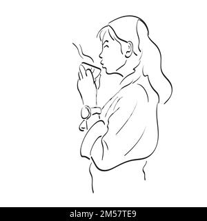 Halbe Länge der Frau, die eine heiße Tasse Kaffee bläst Illustration Vektor von Hand gezeichnet, isoliert auf weißem Hintergrund Strichgrafik. Stock Vektor