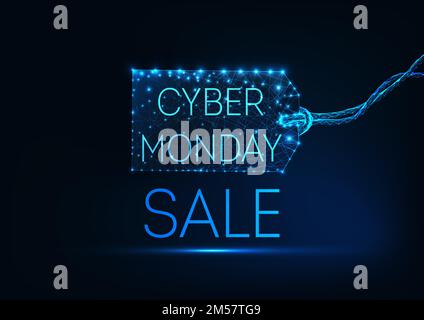 Futuristisches, schwach polygonales Cyber Monday-Konzept mit Preisschild und Text auf dunkelblauem Hintergrund. Moderne Vektordarstellung mit Drahtrahmen und Netzdesign Stock Vektor