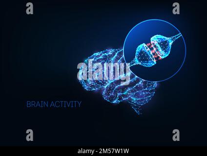 Futuristisches Hirnaktivitätskonzept mit leuchtenden, schwach polygonalen menschlichen Hirn- und neuronsynapsen auf dunkelblauem Hintergrund. Nervensystem, Neurolo Stock Vektor