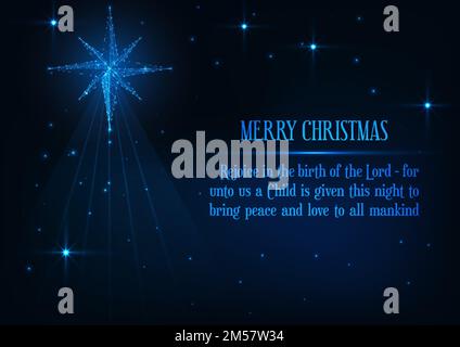 Frohe Weihnachtsgrußkarte mit leuchtendem, polygonalen Krippenstern und religiösem Stern auf dunkelblauem Hintergrund. Jesus Geburt Christian h Stock Vektor