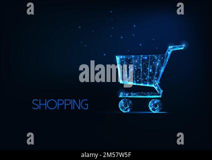 Futuristisches Online-Shopping-Konzept mit leuchtendem, polygonalem Einkaufswagen, isoliert auf dunkelblauem Hintergrund. Modernes Drahtgitter-Design Vector Ill Stock Vektor