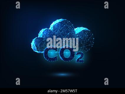 Futuristisches Abgasemissionskonzept mit glühender Kohlendioxidformel und abstrakter Wolke auf dunkelblauem Hintergrund. Luftverschmutzung. Moderner Draht Fra Stock Vektor