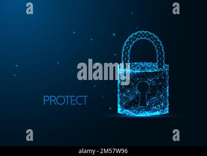 Futuristisches Cyber-Sicherheitskonzept mit leuchtendem, polygonalem Vorhängeschloss mit Schlüsselloch auf dunkelblauem Hintergrund. Modernes Drahtgitterdesign V Stock Vektor