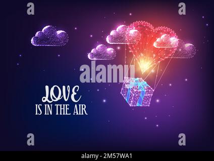 Futuristische Valentinstagskarte mit herzzerreißendem Heißluftballon und Geschenkbox und Wolken auf dunkelblauem bis lila Hintergrund. Moderner Draht Stock Vektor