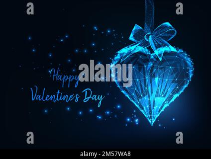 Grußkarte zum Valentinstag mit leuchtendem, tief polygonalem Herz, das auf einem Geschenkband auf dunkelblauem Hintergrund hängt. Modernes Netzdesign mit Drahtrahmen Stock Vektor