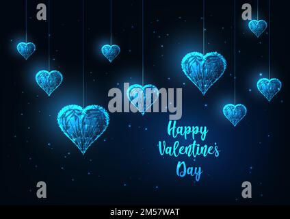 Futuristische Grußkarte „Happy Valentines Day“ mit leuchtenden, polygonalen, hängenden Herzen auf dunkelblauem Hintergrund. Modernes Drahtgitter-Design Stock Vektor