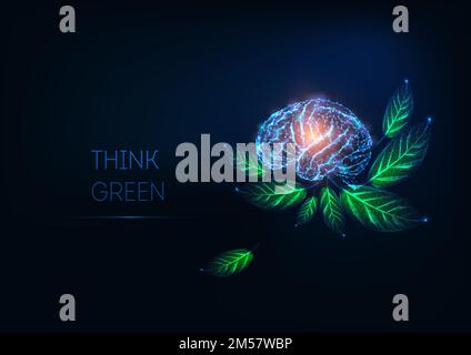 Futuristisch leuchtendes, schwach polygonales menschliches Gehirn und grüne Blätter auf dunkelblauem Hintergrund. Ökologische Erziehung, umweltfreundliches Konzept. Modern Stock Vektor
