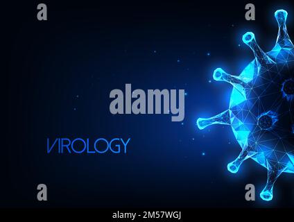 Futuristische Virologie, Immunologie abstraktes Webbanner mit leuchtenden, schwach polygonalen Viruszellen und Text auf dunkelblauem Hintergrund. Epidemiologisches Konzept. Mod Stock Vektor