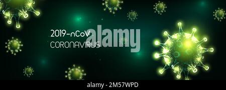 Futuristische Coronavirus 2019-nCoV, Covid-19 Web-Banner-Vorlage mit leuchtenden niedrig polygonalen Viruszellen auf dunkelgrünem Hintergrund. Virus-Pandemie-Alarm. Stock Vektor