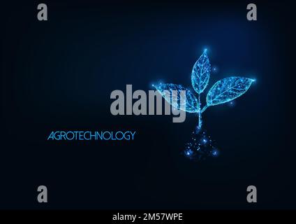 Futuristische Agrartechnologie, Agrarkonzept mit leuchtendem, polygonalen Pflanzensprossen mit drei Blättern im Boden, isoliert auf dunkelblauem Hintergrund. Mod Stock Vektor