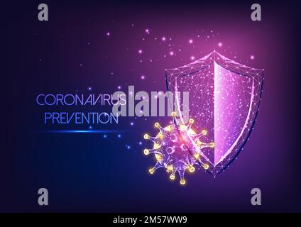 Futuristischer Schutz des Immunsystems vor dem Coronavirus Krankheitskonzept Covid-19 mit glühendem Low Poly Shield und Viruszellen auf dunkelviolettem Hintergrund. Stock Vektor