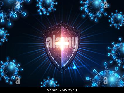 Futuristischer Schutz des Immunsystems vor infektiöser Coronavirus-Covid-19-Erkrankung mit leuchtendem niedrig polygonalem Schild und Viruszellen auf dunkelblauem Backgr Stock Vektor