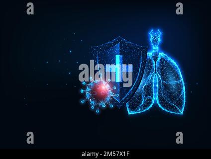 Futuristischer Lungenschutz vor COVID-19-Coronavirus-Krankheit Webbanner mit leuchtend niedrig polygonalen menschlichen Lungen und Virus auf dunkelblauem Hintergrund. Mod Stock Vektor