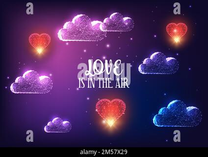 Futuristisches Bannerkonzept für den Valentinstag mit leuchtenden, tief polygonalen Wolken, roten fliegenden Herzen und Text „Love is in the air“ auf dunkellila Hintergrund. M Stock Vektor
