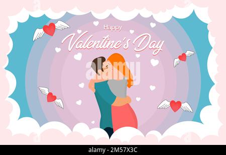 Glücklicher Valentinstag flacher Hintergrund mit umarmtem und küssendem Paar im Hintergrund von den Wolken, weißen und fliegenden Herzen Stock Vektor