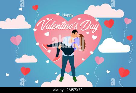 Glücklicher Valentinstag flacher Hintergrund mit umarmtem und küssendem Paar im Hintergrund von den Wolken und fliegenden Ballons Stock Vektor