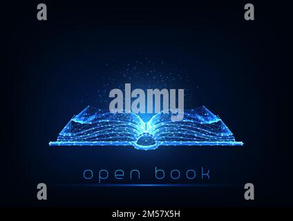Futuristisches, leuchtendes, polygonales, offenes Buch isoliert auf dunkelblauem Hintergrund. Online-Lernkonzept. Vektordarstellung mit modernem Drahtrahmen-Netzdesign Stock Vektor