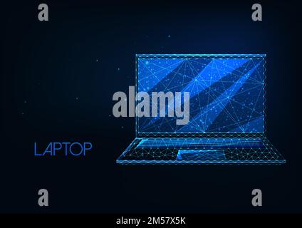 Futuristischer, leuchtender, polygonaler Laptop isoliert auf dunkelblauem Hintergrund. Vektordarstellung des modernen Drahtmodells im Netzdesign. Stock Vektor