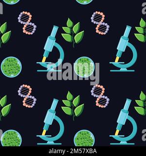 Biologisch orientierte nahtlose Muster mit Mikroskopen, dna-Molekülen, Pflanzen- und Laubstrukturen. Back to School Kollektion, Teil 1. Cartoon-Vektorillust Stock Vektor