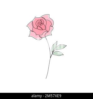 Rosenblumenlogo. Eine dekorative Rosenzeichnung mit durchgehender Linienzeichnung. Editierbares Streichblütenelement. Darstellung isolierter Vektoren Stock Vektor