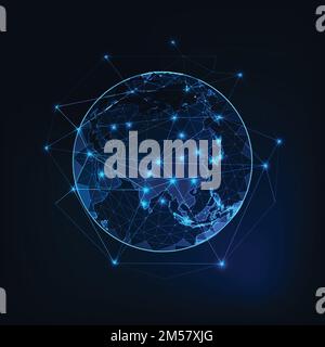 Asiatische Karte Kontinent Umriss auf Planet Erde Ansicht aus dem abstrakten Hintergrund des Weltraums. Globalisierung, Verbindungskonzept. Niedrige Mehrfachdrahtdarstellung, Linien und Punkte Stock Vektor