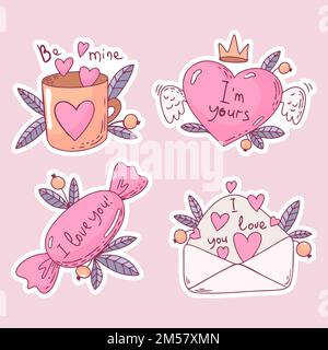 valentinstag Aufkleber Herz mit Flügeln Becher mit Herzbonbons mit Text ich liebe dich und Umschlag Stock Vektor