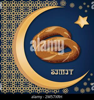 Türkisch traditionell köstliche aromatische Bagel Smit auf dekoriertem Hintergrund mit goldenem Mond, Stern und orientalischem Ornamenten. Tourist Türkei Grußkarte Stock Vektor