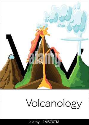 Der Buchstabe V der Flash-Karte ist für die Vulkanologie. Das Naturalphabet für Kinder. Puzzle ABC-Flash-Karten-Serie. Cartoon-Vektordarstellung im flachen Stil. Stock Vektor