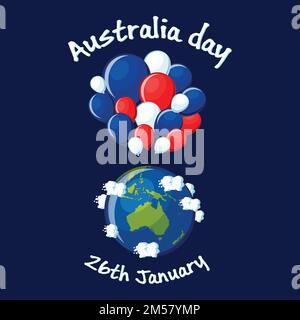 Australientag, 26. Januar Grußkarte mit australischer Landkarte, einem Haufen blauer, roter und weißer Ballons, Wolken und Text. Cartoon-Vektorillustratio Stock Vektor