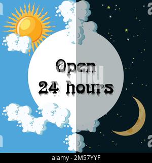 Schild für 24-Stunden-Öffnungszeiten. Tag- und Nachtkonzept. Cartoon-Vektordarstellung. Stock Vektor