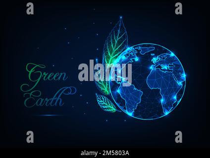 Umweltkonzept der grünen Erde mit leuchtendem niedrigen Poly Planet Earth Globus, Blättern, Sternen und Text auf dunkelblauem Hintergrund. Umweltschutz weltweit. Fut Stock Vektor