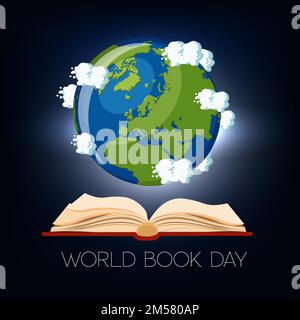 Weltbuchtag Grußkarte mit offenem Buch und Erdkugel mit Wolken, hell auf dunkelblauem Hintergrund. Cartoon-Vektordarstellung. Stock Vektor